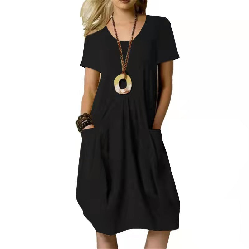 Vestido informal de algodón y lino con cuello redondo para mujer
