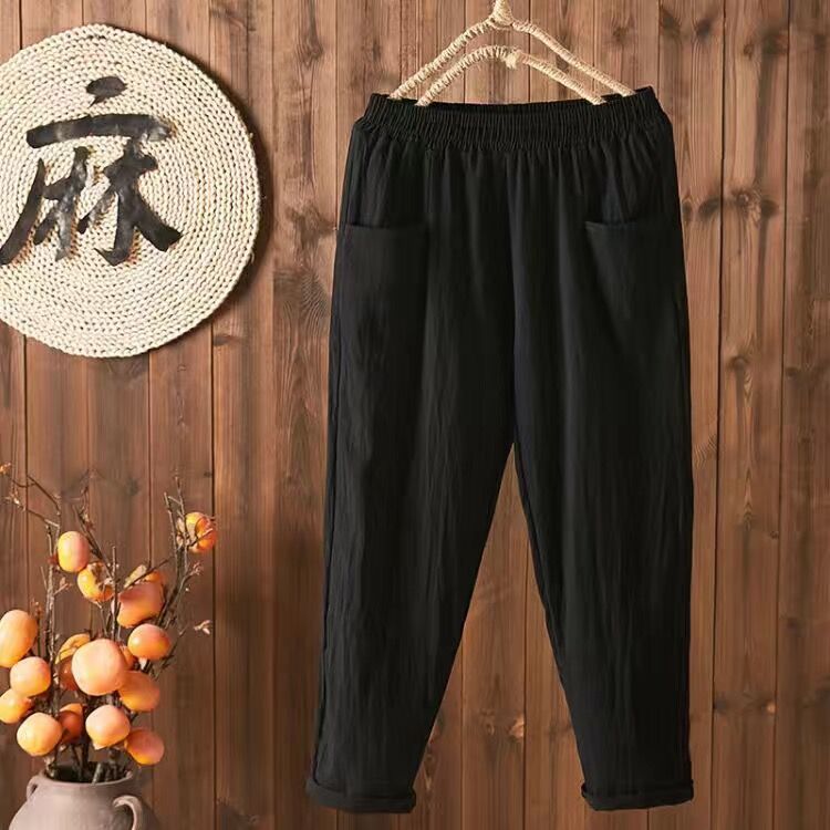Women Casual Solid Color Cotton Linen Cropped Pants