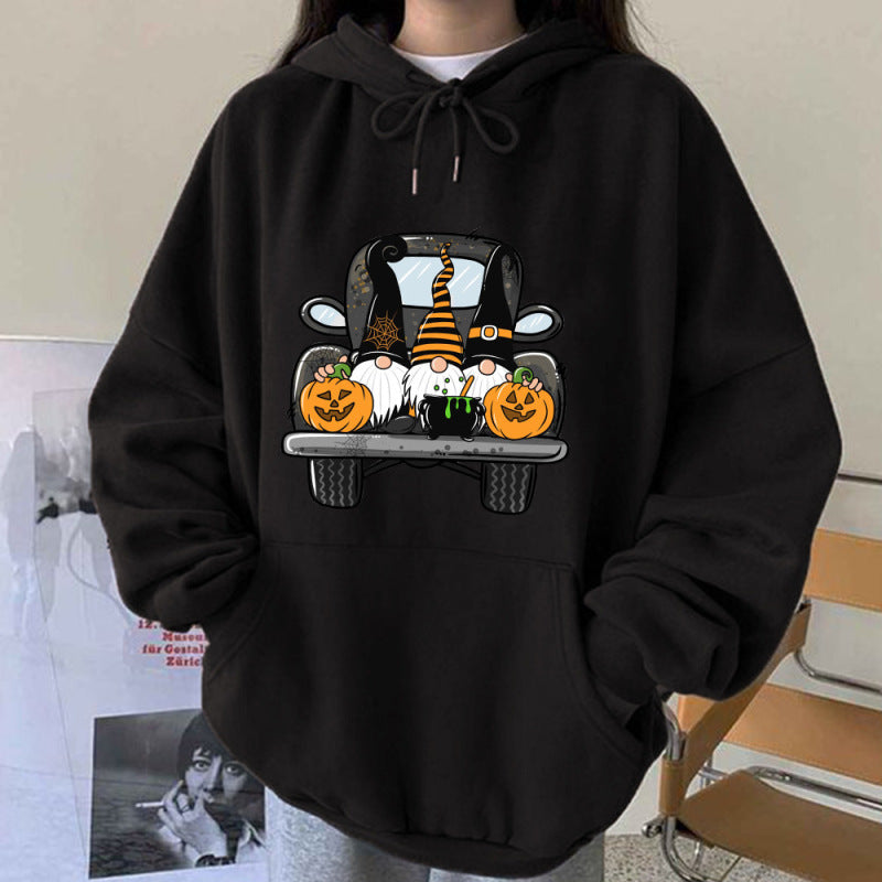 Women Cartoon Halloween Truck Pumpkin Gnome Print Hoodie