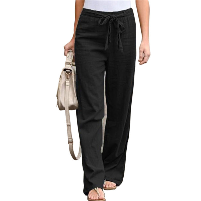 Women Solid Color Linen High Waist Lace Up Wide Leg Pants
