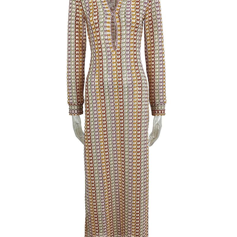 Vestido largo bohemio de crochet con escote en V y abertura lateral para mujer
