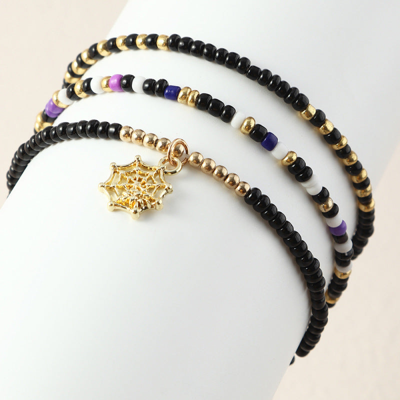 Conjunto de pulsera de Halloween con cuentas de aleación de calabaza y murciélago de colores variados retro a la moda para mujer