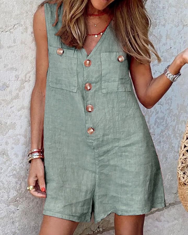 Combinaison débardeur boutonnée en coton et lin pour femme, col en V