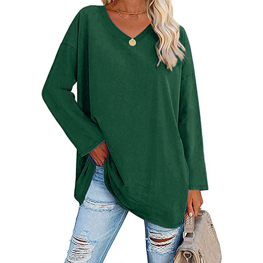 Women Casual Solid Color V-Neck Long Sleeve Blank T-Shirt