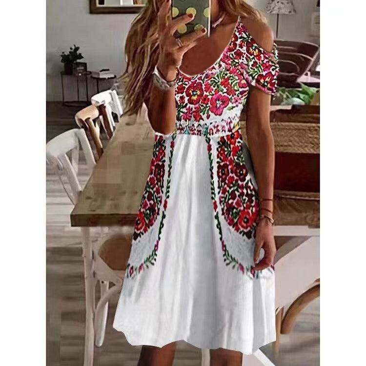 Vestido midi informal plisado con hombros descubiertos estilo bohemio para mujer