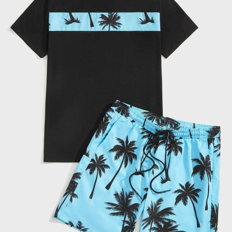 Hawaiian Casual Vacation Men Cotton Coconut Tree T-Shirt Set