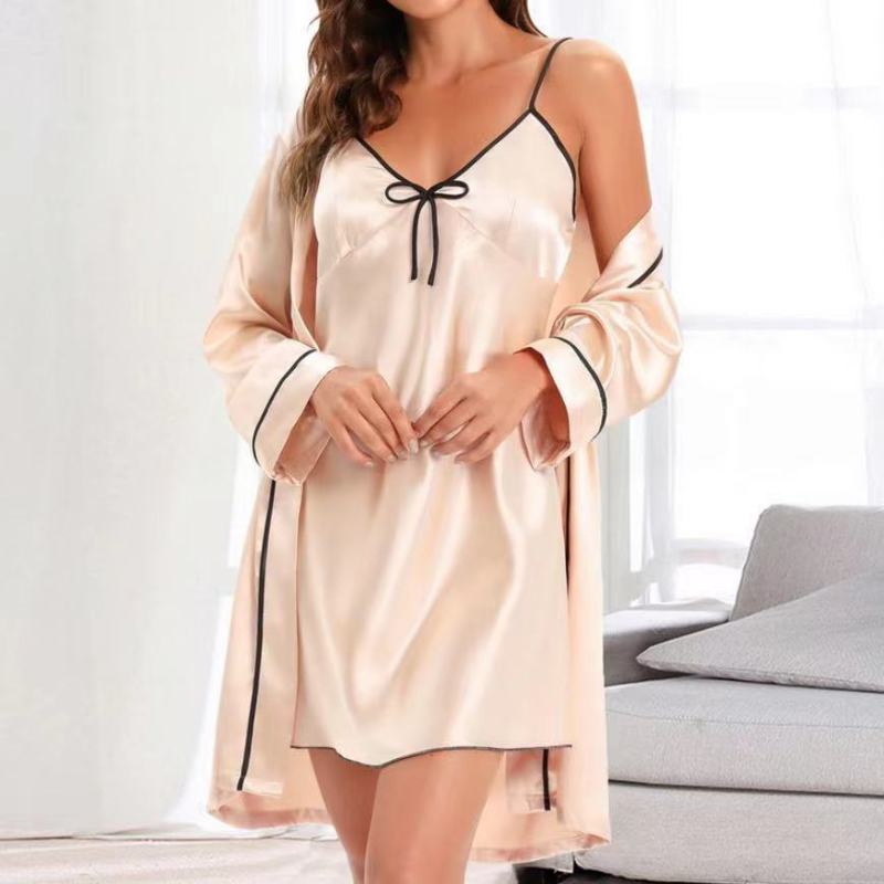 Women Solid V-Neck Sling Bow Satin Skirt Pajamas Two-Piece Set