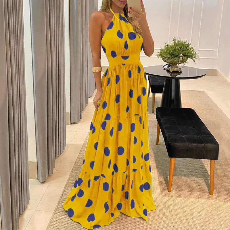 Robe longue d'été bohème élégante à pois et col licou pour femme