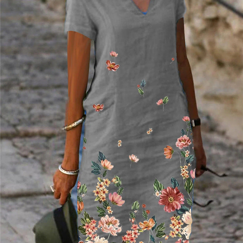 Vestido informal de mujer con estampado floral, manga corta y cuello en V