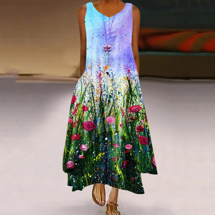 Vestido largo con estampado floral sin mangas estilo bohemio para mujer