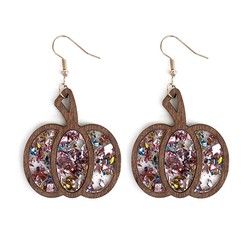 Pendientes de madera con forma de calabaza y purpurina para Halloween para mujer