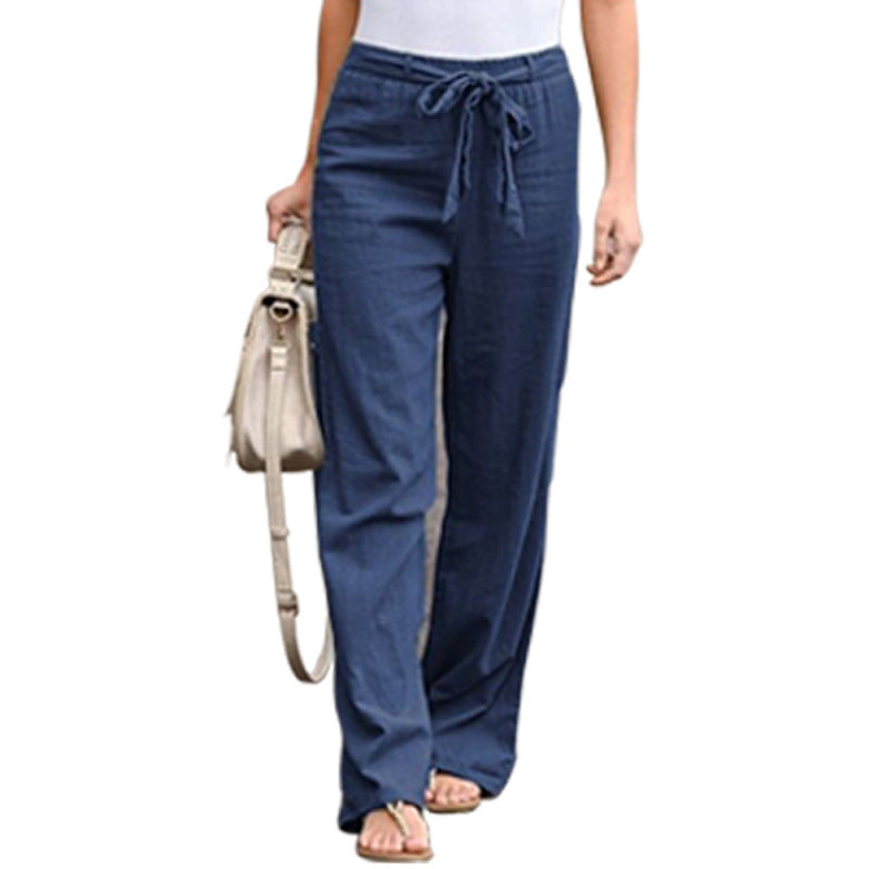 Women Solid Color Linen High Waist Lace Up Wide Leg Pants
