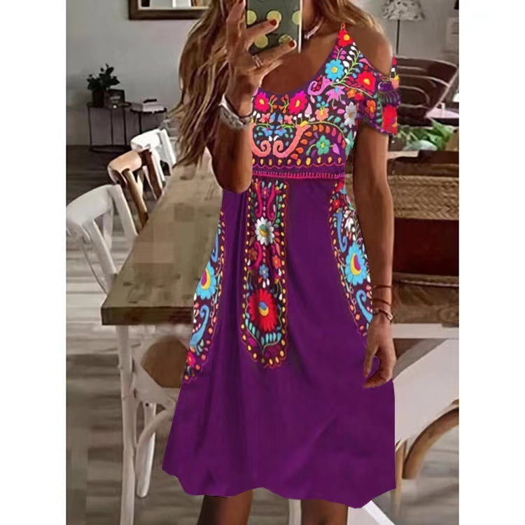 Vestido midi informal plisado con hombros descubiertos estilo bohemio para mujer