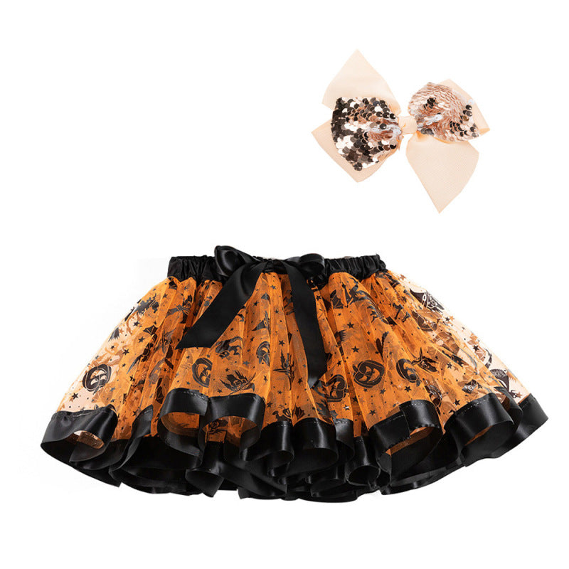 Kids Toddler Girls Halloween Pumpkin Skirt with Sequin Bow