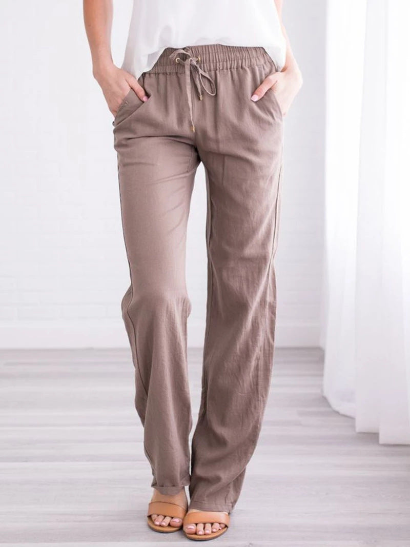 Women Casual Solid Color Cotton Linen Drawstring Pants