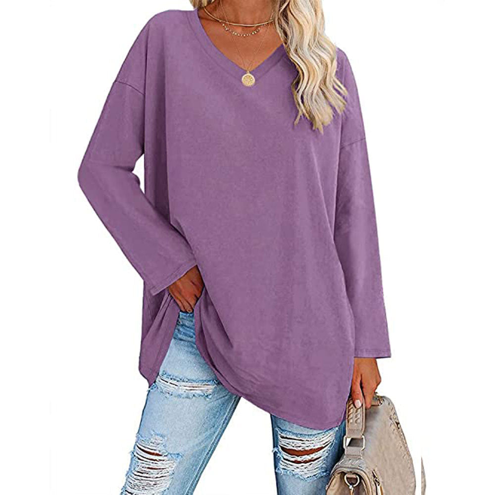 Women Casual Solid Color V-Neck Long Sleeve Blank T-Shirt