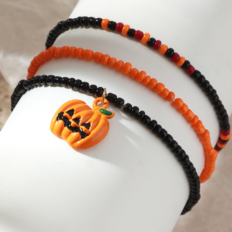 Conjunto de pulsera de Halloween con cuentas de aleación de calabaza y murciélago de colores variados retro a la moda para mujer