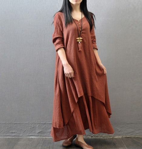 Vestido de lino de color liso literario de moda para mujer