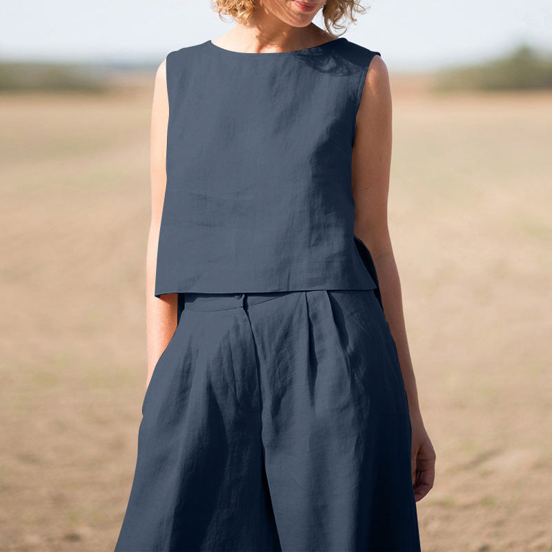 Conjunto informal vintage de algodón y lino para mujer