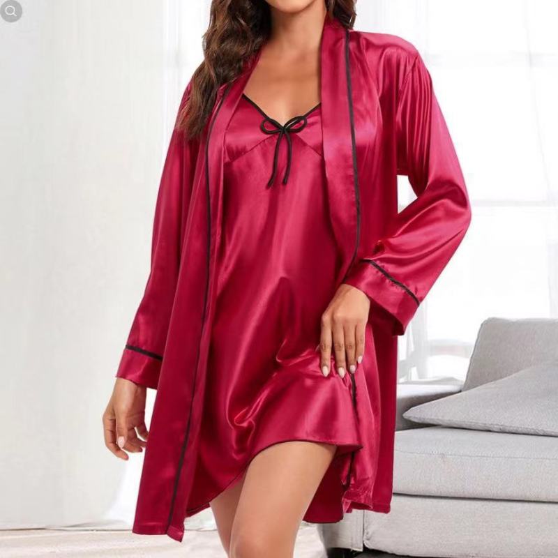 Women Solid V-Neck Sling Bow Satin Skirt Pajamas Two-Piece Set