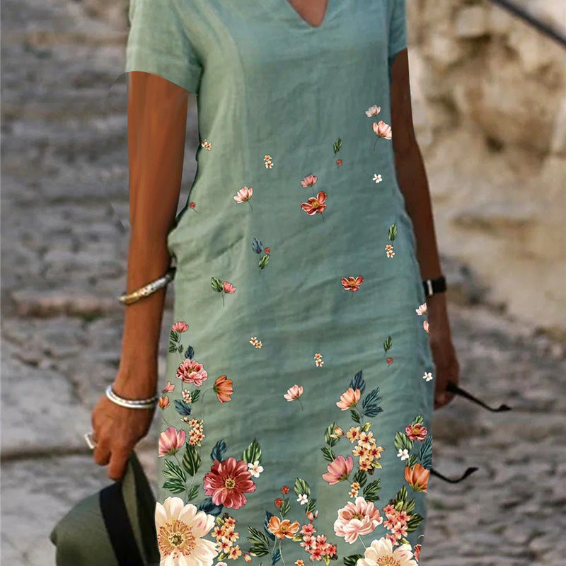 Vestido informal de mujer con estampado floral, manga corta y cuello en V