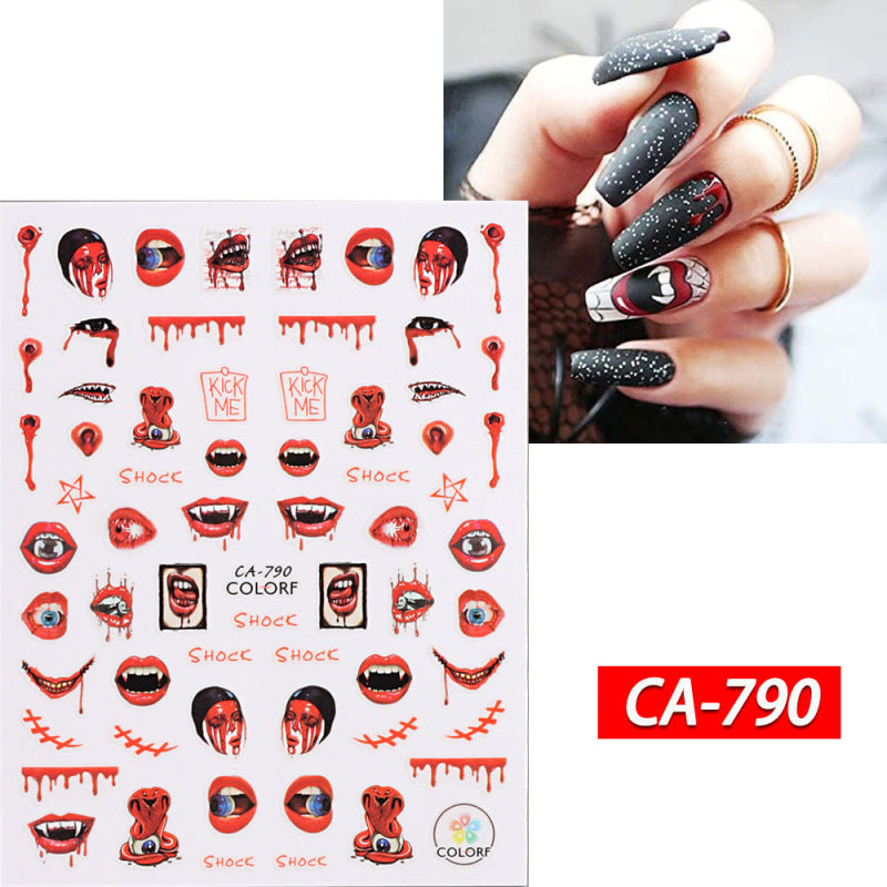 Autocollants adhésifs pour ongles Motif tête de mort et sorcière rouge pour Halloween