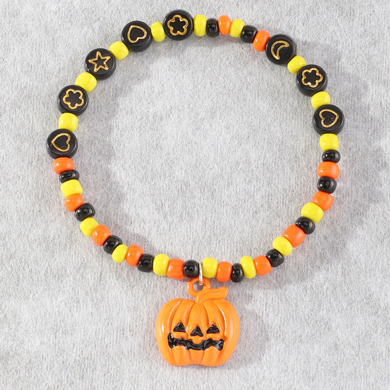 Pulsera unisex retro de cuentas naranjas con diseño de calabaza de Halloween