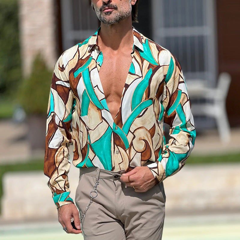 Camisa informal de manga larga con solapa y estampado geométrico para hombre