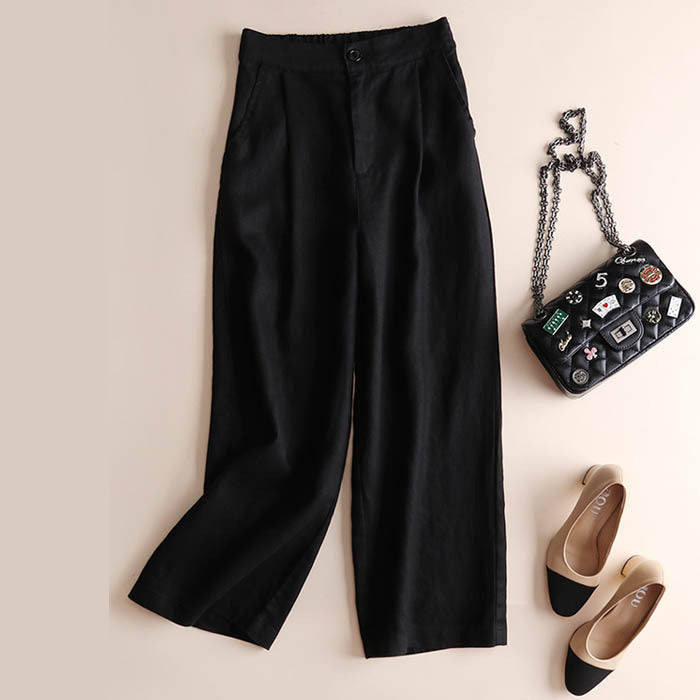 Women Fashion Casual Solid Color Linen Loose Cropped Pants