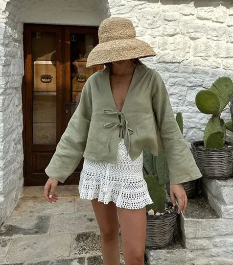 Women Vacation Deep V Neck Flare Sleeve Blouse