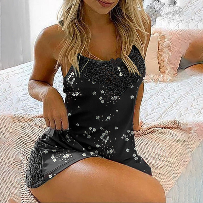 Women Sexy Floral Satin Lace Patchwork Sleepwear Pajamas