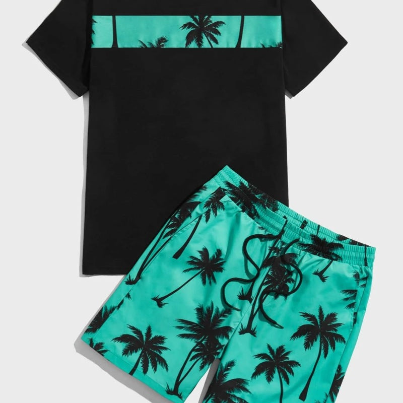 Hawaiian Casual Vacation Men Cotton Coconut Tree T-Shirt Set