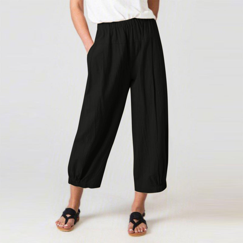 Women Casual Loose High Waist Cotton Linen Cropped Pants