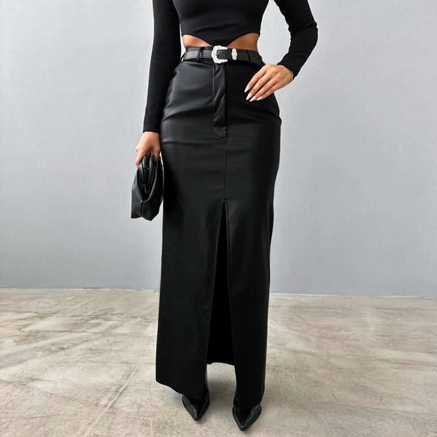 Jupe longue en cuir doublée polaire de couleur unie pour femme