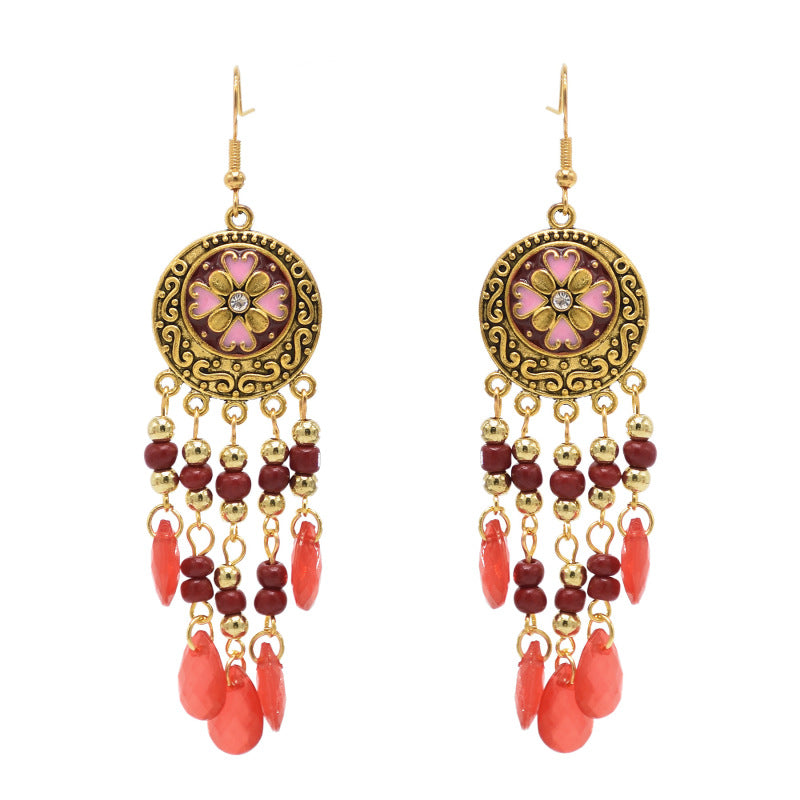 Pendientes con borlas y cuentas multicolores de flores bohemias