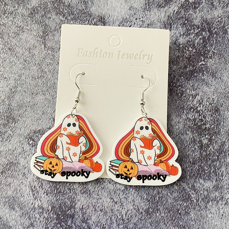 Pendientes acrílicos divertidos y creativos de gato fantasma para Halloween para mujer