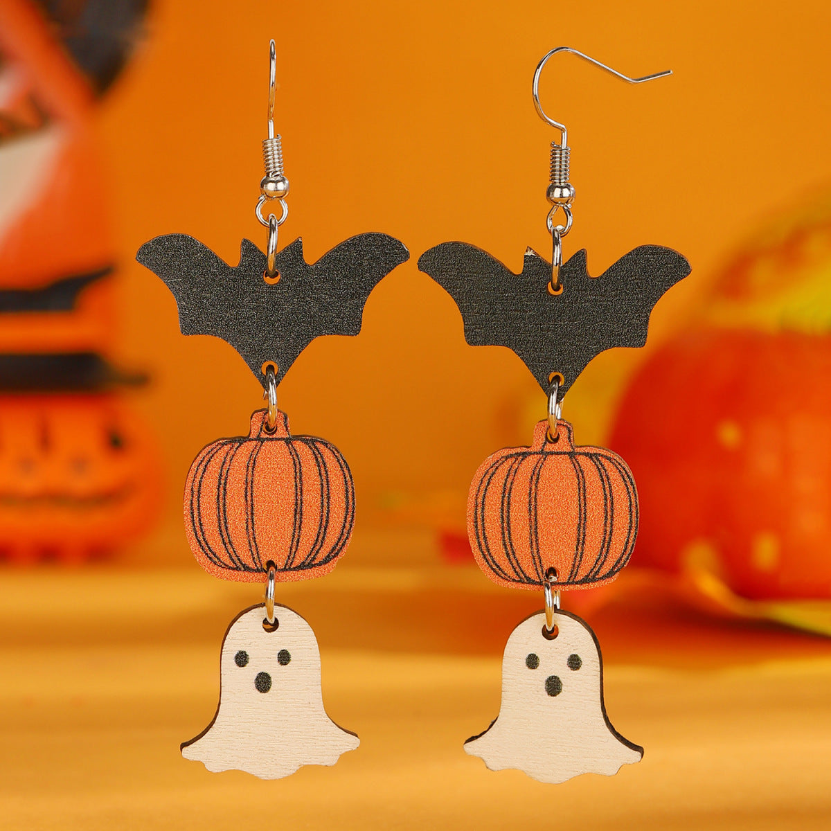 Halloween Women Cartoon Gothic Black Cat Ghost Pumpkin Wooden Earrings