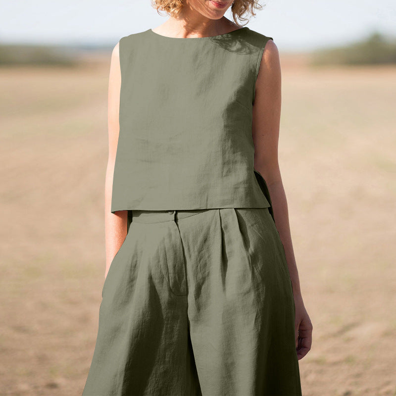 Conjunto informal vintage de algodón y lino para mujer