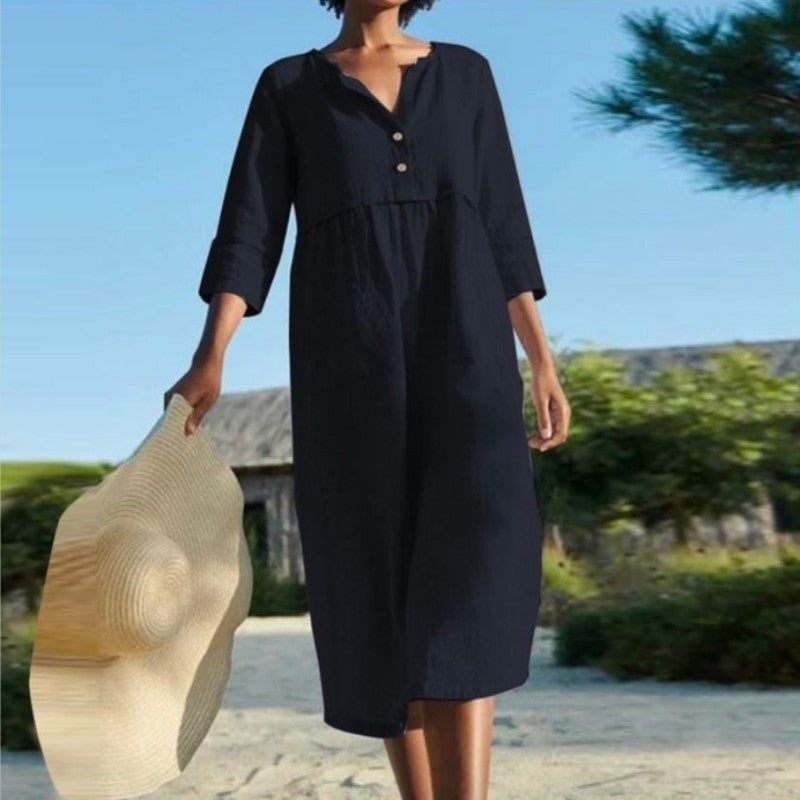 Robe d'été à col rond et poches boutonnées pour femme