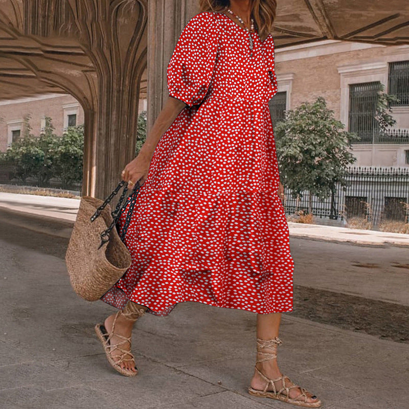 Summer Women Casual Bohemian Short Sleeve Polka Dot Dress