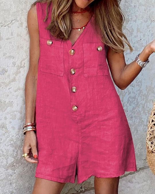 Combinaison débardeur boutonnée en coton et lin pour femme, col en V