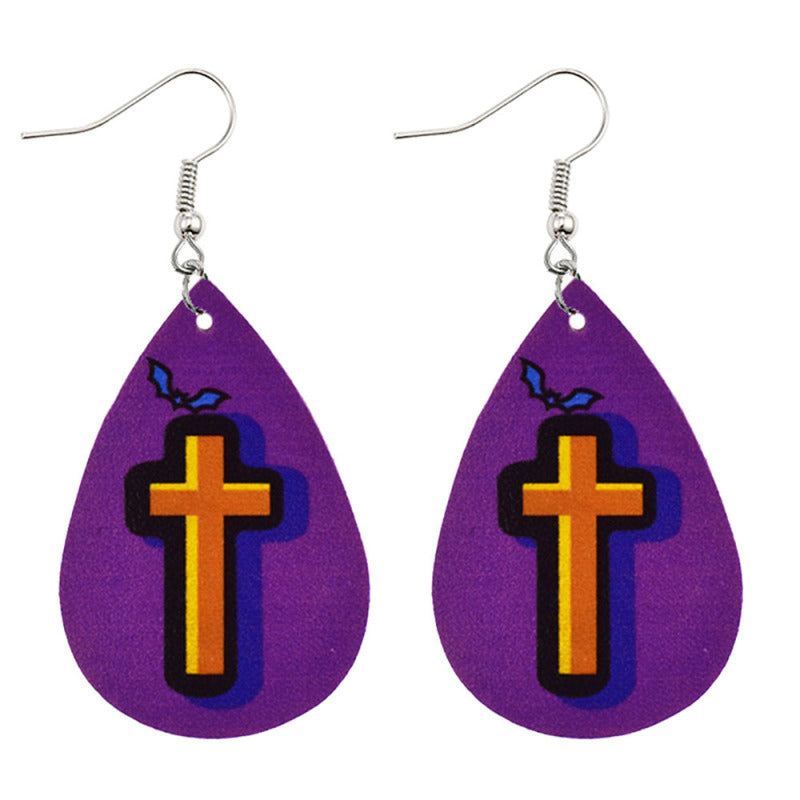 Halloween Women Horror Funny Pumpkin Ghost Bat PU Earrings