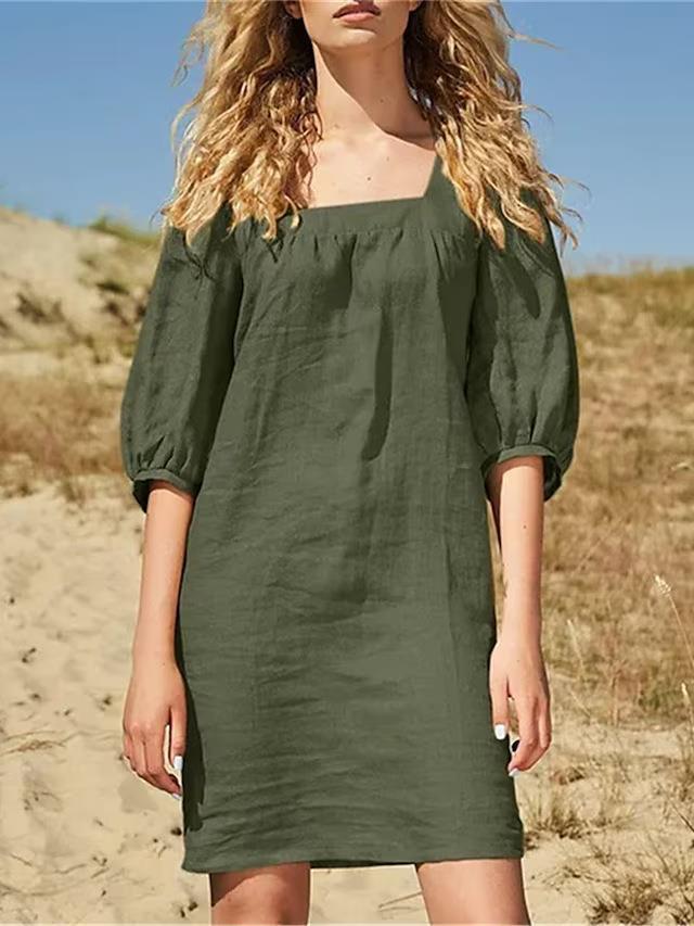 Women Fashion Casual Square Collar Puff Sleeve Dress