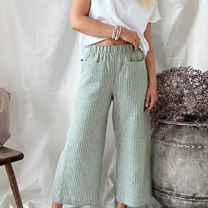 Pantalones casuales de lino y algodón a rayas de pierna ancha para mujer