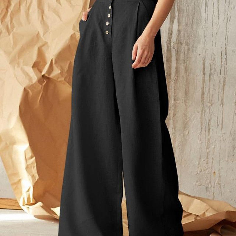Pantalon décontracté en coton et lin de couleur unie pour femme