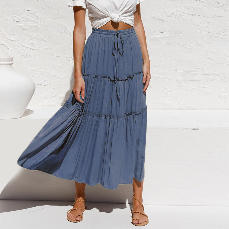 Women High Waist Cotton Linen Pleated Skirt