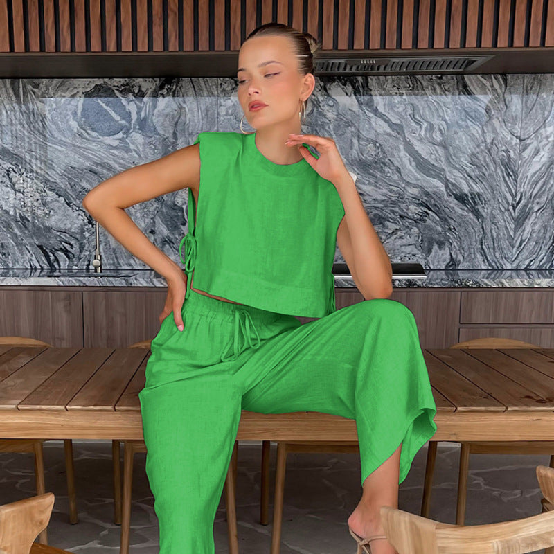 Conjunto de lino y algodón de color liso a la moda informal para mujer