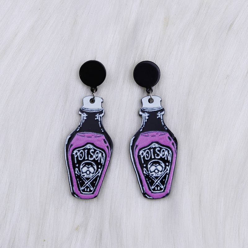 Pendientes exagerados de botella de veneno de esqueleto de Halloween con diseño acrílico