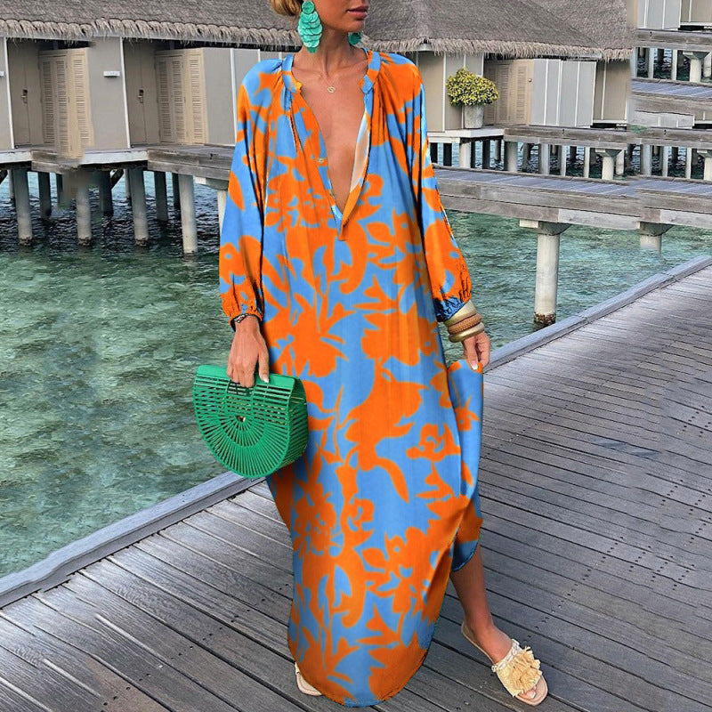 Women Bohemian Elegant Vintage Long Sleeve Button Loose Big V Neck Dress