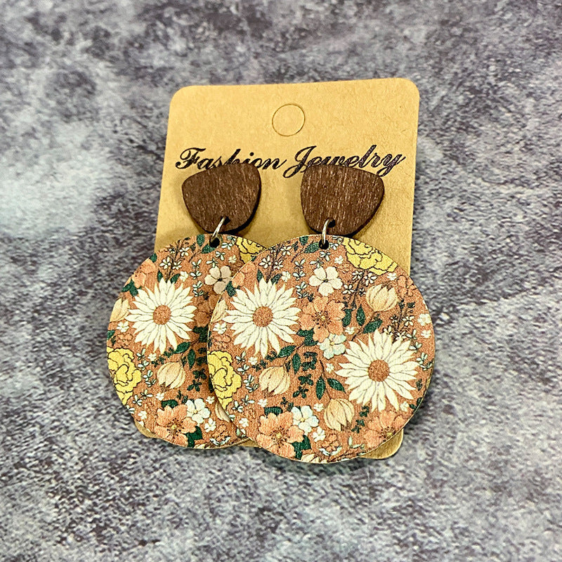 Boucles d'oreilles bohèmes rétro en bois avec coutures florales